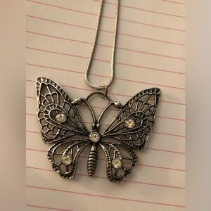 Filagree & Crystal Accents Silver Butterfly Pendant Necklace